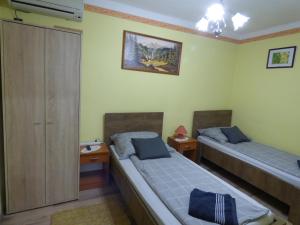 two beds in a room with green walls at Kovács Vendégház in Zalaegerszeg