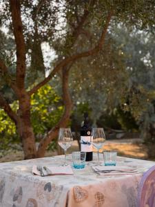 a table with two glasses and a bottle of wine at Podere Ortacavoli in Terriccio