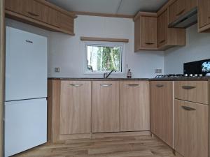 a kitchen with wooden cabinets and a window at De Zandparel in Poortvliet