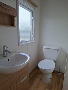a bathroom with a toilet and a sink and a window at De Zandparel in Poortvliet