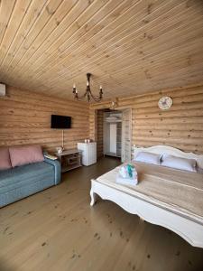 a bedroom with a bed and a tv in a room at Смерекова хата in Zatoka