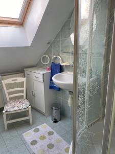 a bathroom with a shower and a sink and a sink at Chez Merlin le brocanteur in Charny