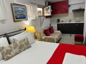 a bedroom with a bed and a couch and a kitchen at Palataki Residence in Myloi