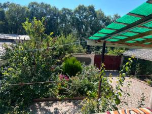 a garden with flowers and a green roof at House in the forest in Tyup