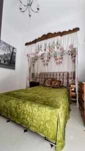 a bedroom with a green bed with a window at Casa Antik in Loja