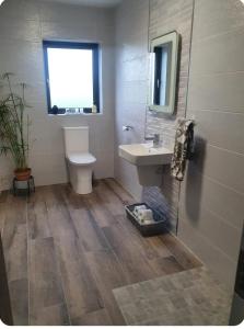 a bathroom with a sink and a toilet and a window at Double room with ensuite in Milltown Malbay