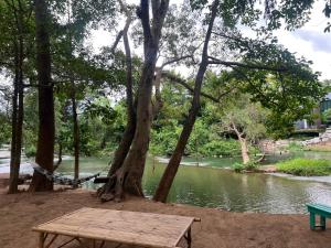 a picnic table next to a river with a tree at เป้แคมป์ปิ้งเขาใหญ่ in Ban Khanong Phra Tai