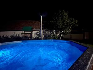 a blue swimming pool in the yard at night at Casa Izvoarele in Izvoarele