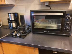 a toaster oven sitting on top of a kitchen counter at Mobile Home in Morbier