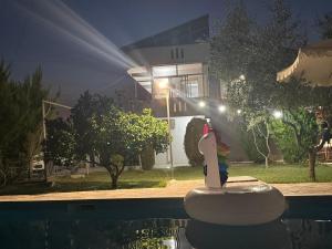 a toy duck is sitting in a pool at night at The Bs Stay in Tirana