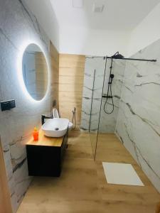a bathroom with a sink and a mirror at Celnice pod Sněžníkem-Nová Seninka in Staré Město +31 photos