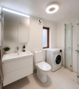 a bathroom with a toilet and a washing machine at Sjönära stuga in Norrtälje +36 photos