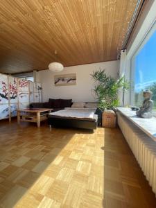 a living room with a couch and a wooden ceiling at Urlaubsort Fränkisches Seenland in Haundorf
