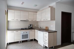 a kitchen with white cabinets and a stove top oven at Pensiunea Encian in Colibiţa +62 photos