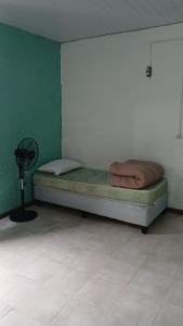 a bedroom with a bed in a room with a green wall at Olivia in Paysandú