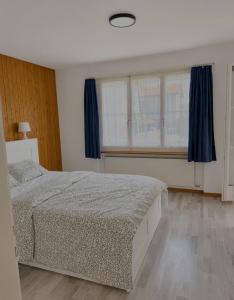 a bedroom with a bed and a window with blue curtains at Helle Wohnung nahe Bern in Worb