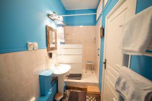 a blue bathroom with a sink and a shower at Le Gîte d'Olympe in Cordes-sur-Ciel +18 photos