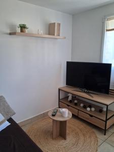 a living room with a tv and a coffee table at L'Envol in Tillé