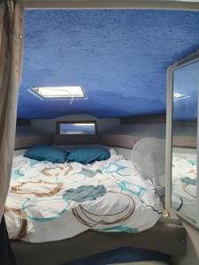 a bed in a room with a blue ceiling at Bateau 66 in Le Barcarès