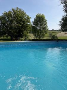 a large pool of blue water with trees in the background at Chateau de Salorges - Field gite I in Corancy