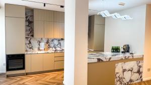 a kitchen with marble countertops and stainless steel appliances at Vatër Selected Rooms in Tirana