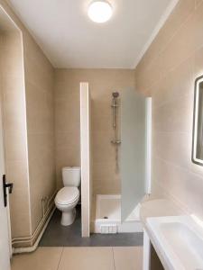 a bathroom with a toilet and a shower and a sink at Hotel de la gare in Pantin