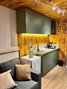 a kitchen with green cabinets and a couch at Cabana ECO - Teresópolis in Teresópolis