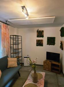 a living room with a couch and a tv at Rosa in Rydułtowy