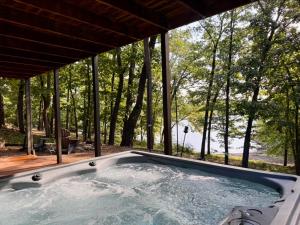 a hot tub with a view of the trees at Pine Bluff on the Lake in Golden