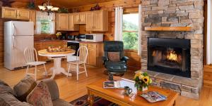 a kitchen and a living room with a fireplace at Engadine Inn and Cabins in Candler
