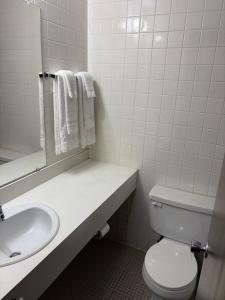 a bathroom with a toilet and a sink and a mirror at Minnedosa Inn in Minnedosa +1 photo