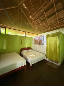 two beds in a room with green walls at Amazon Lodge and Expeditions in Iquitos