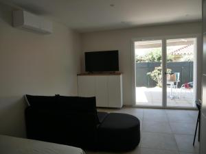 a living room with a couch and a television at Studios Saint Mau 1 in Saint-Maurice-de-Gourdans