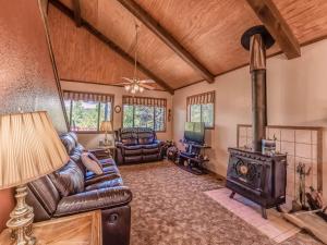 a living room with a couch and a wood stove at Mockingbird Cabin in Ruidoso