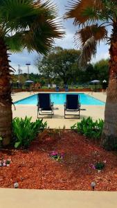 two chairs sitting in front of a swimming pool at Calloway Inn and Suites in Hammond