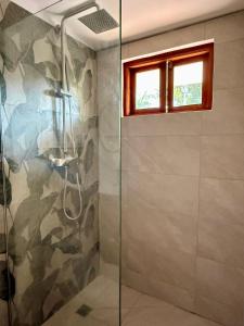 a shower with a glass door in a bathroom at Contadora Island Inn in Contadora
