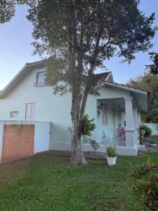 a white house with a tree in the yard at Casa da Praça Hospedaria in Tibagi