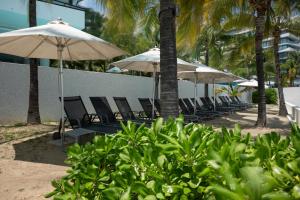 a row of beach chairs with umbrellas and palm trees at Condo in Bucerías Beachfront Narval Norte in Bucerías