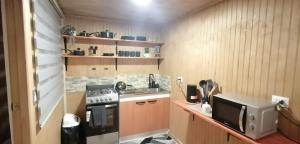 a small kitchen with a stove and a microwave at Departamento Tepual in Llanquihue