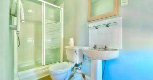 a bathroom with a toilet and a sink and a shower at The Loriston in Eastbourne +23 photos