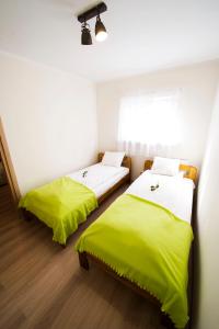 克拉科夫的住宿－克羅爾斯基公寓，配有绿床单的客房内的两张床