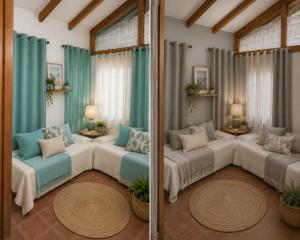 a living room with two couches and blue curtains at Cabañas Antonella in El Quisco