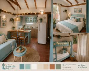 a collage of three pictures of a kitchen and a bedroom at Cabañas Antonella in El Quisco