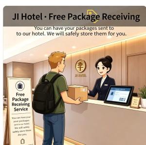 a man is giving a box to a woman at a hotel counter at JI Hotel Shanghai Stadium in Shanghai