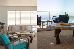 two images of a living room with a table and chairs at Bay Properties Pacific Lodge in Yamba