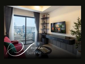 a living room with a tv and a window at Saigon Serene - SOHO Residence - Stay in District 1 in Ho Chi Minh City +24 photos