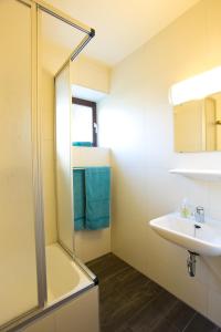 a bathroom with a sink and a shower at Ferienappartements mit Herz in Bischofsmais