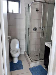 a bathroom with a toilet and a glass shower at Modern Heritage Condo in Fourways