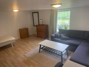 a living room with a blue couch and a table at Spacious fullyequipped houses in Vordingborg