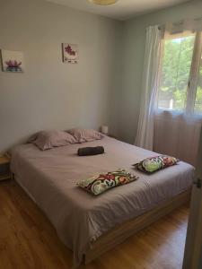 a bed with two pillows on it in a bedroom at La petite Landaise in Sanguinet